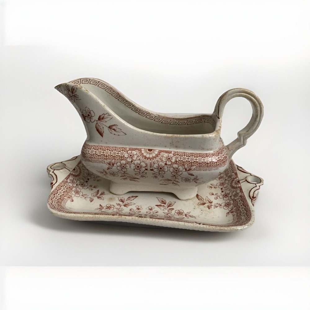 Stafford shire Foley Plate And Gravy Boat Red Print Cream Color Burgundy Flowers